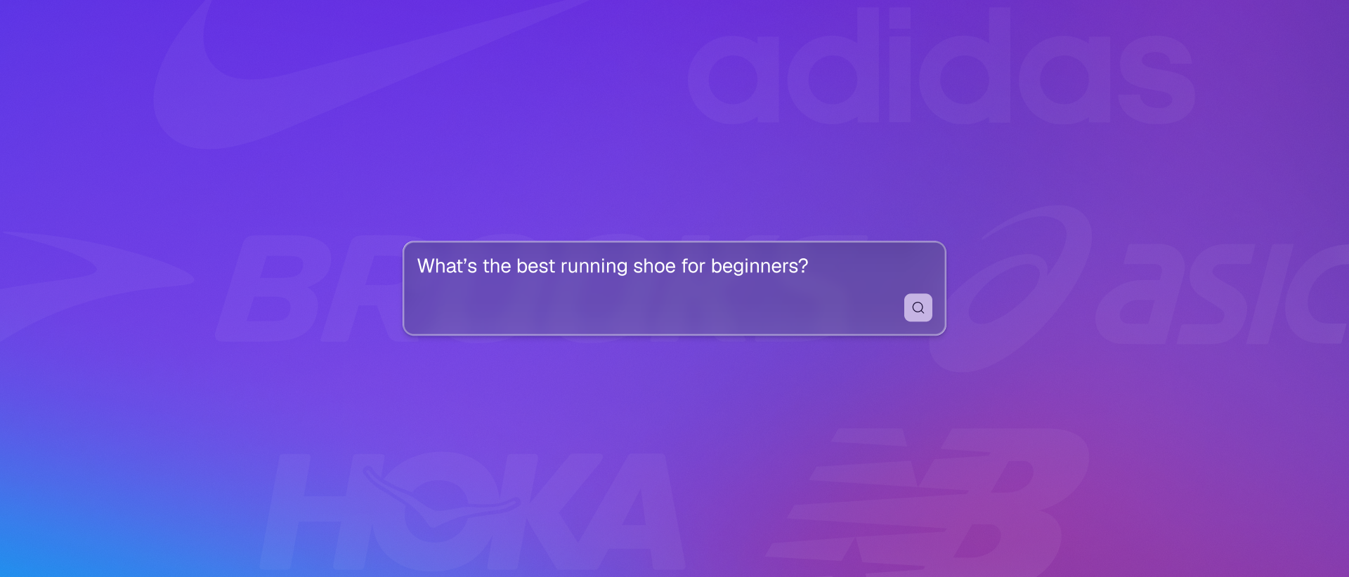 Search prompt asking for the best beginner running shoe over a background of sportswear brand logos