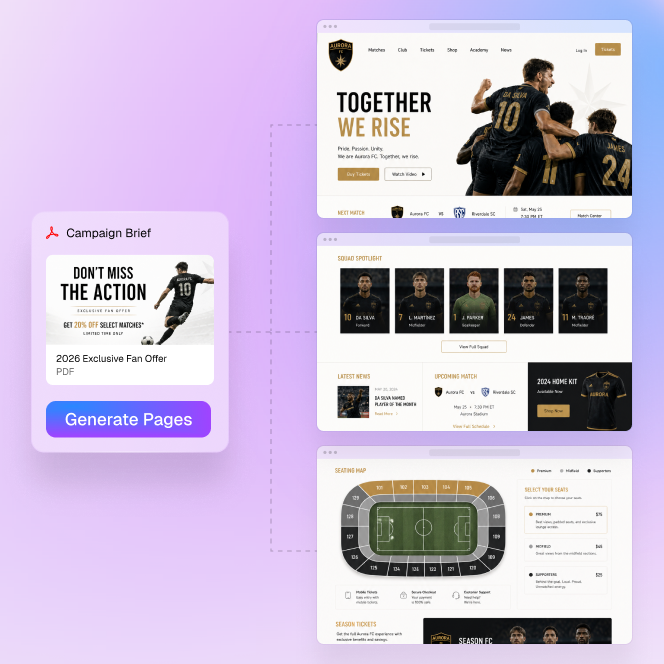 Campaign brief generating sports website, roster, and seating pages
