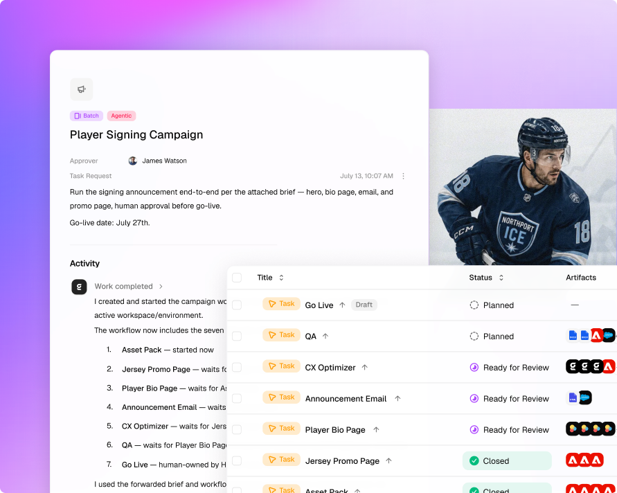 Sports campaign brief with coordinated web, email, social, and approval tasks