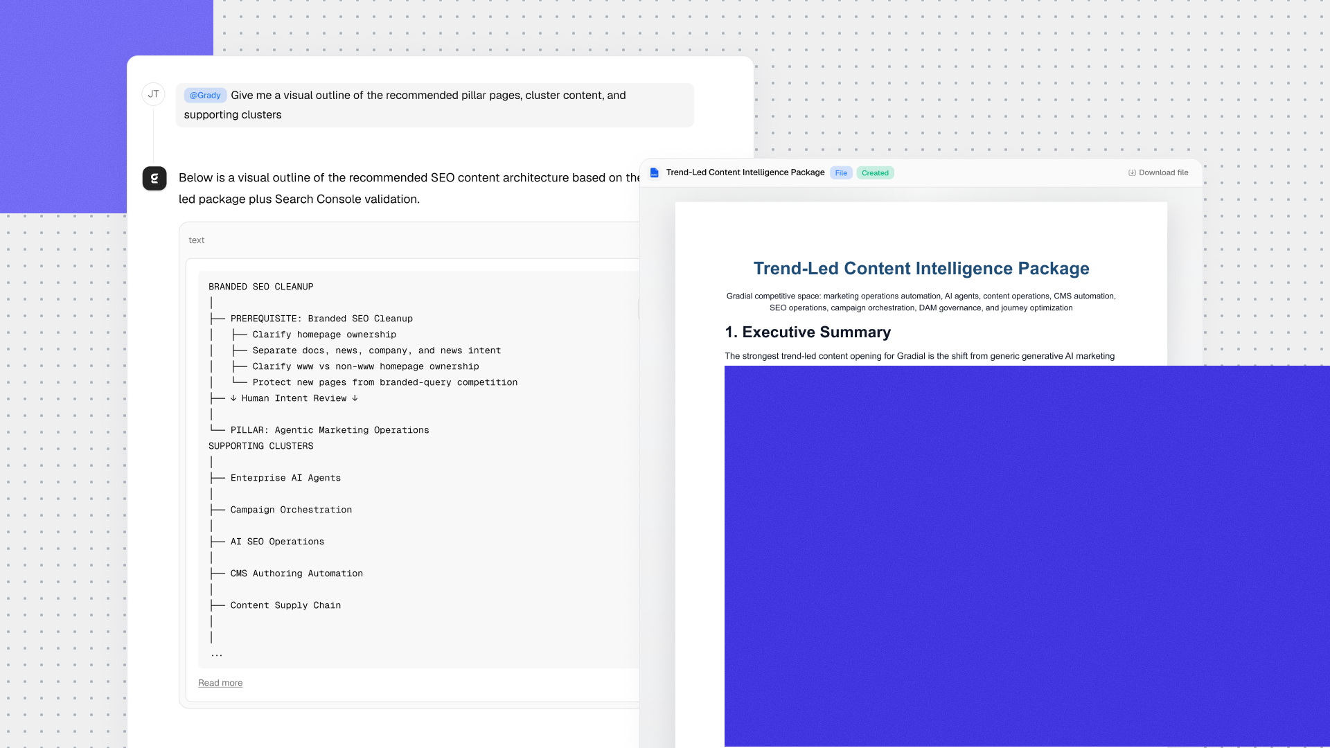 Gradial trend-led content architecture showing branded SEO cleanup before pillar and cluster drafting