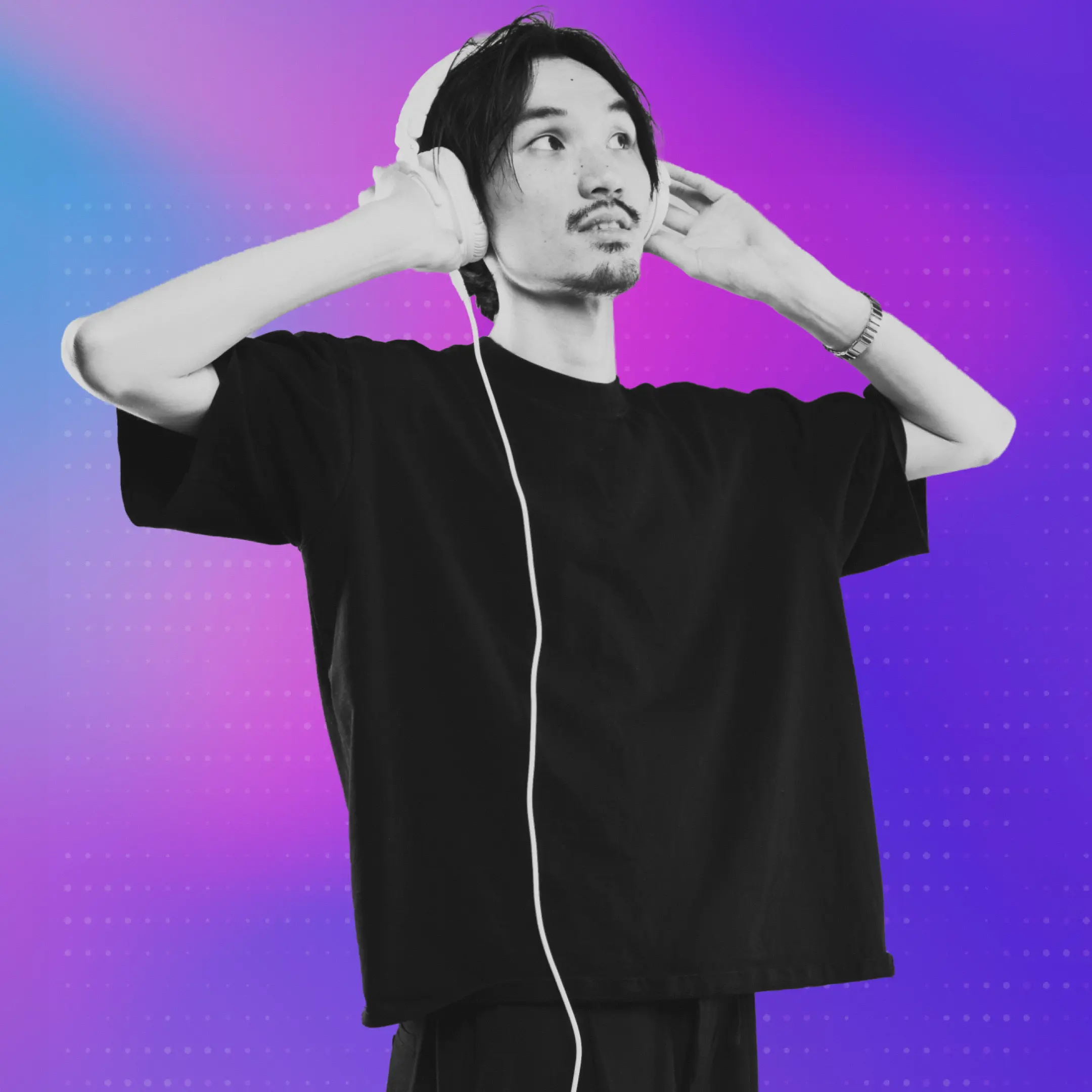 Marketer wearing headphones against a purple and blue gradient background