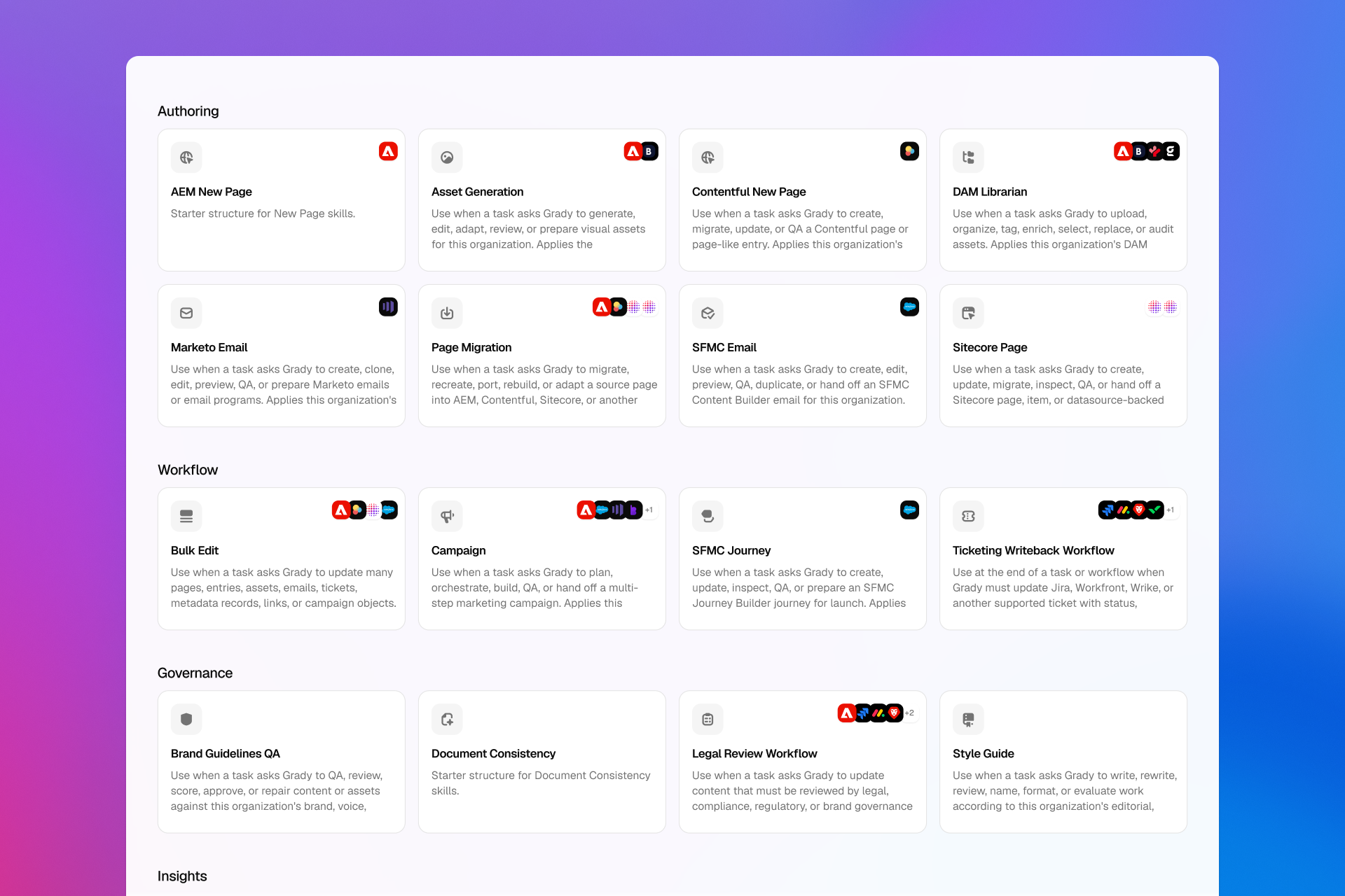 Skills template library with authoring, workflow, governance, and insights categories