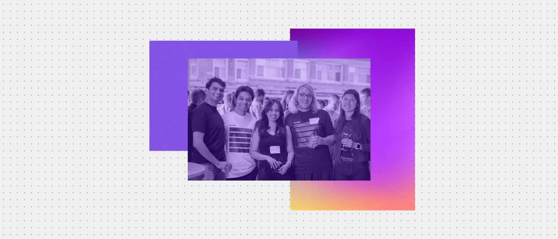 Five attendees smiling together at Gradial’s Ship Code at Sunset event during Seattle Tech Week 2026.