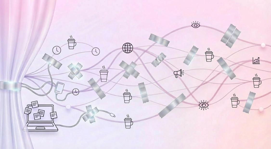 Illustration of tangled marketing workflows held together with tape under deadline pressure