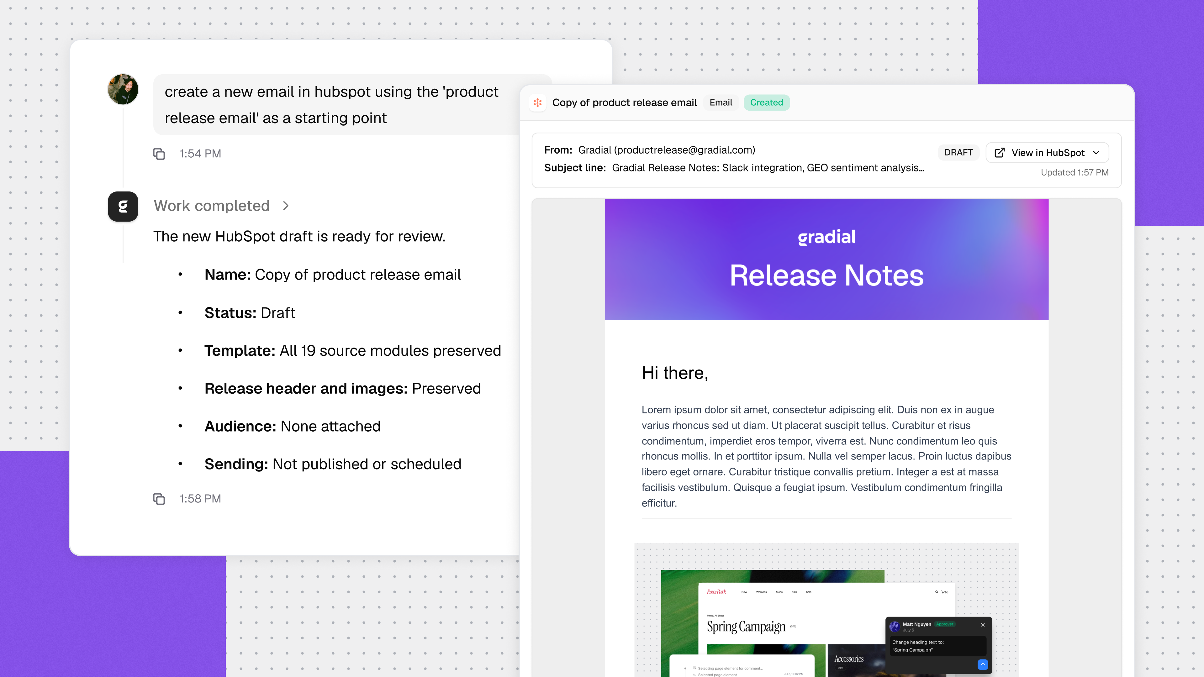 Gradial thread showing a completed HubSpot email draft beside the rendered email preview in HubSpot.