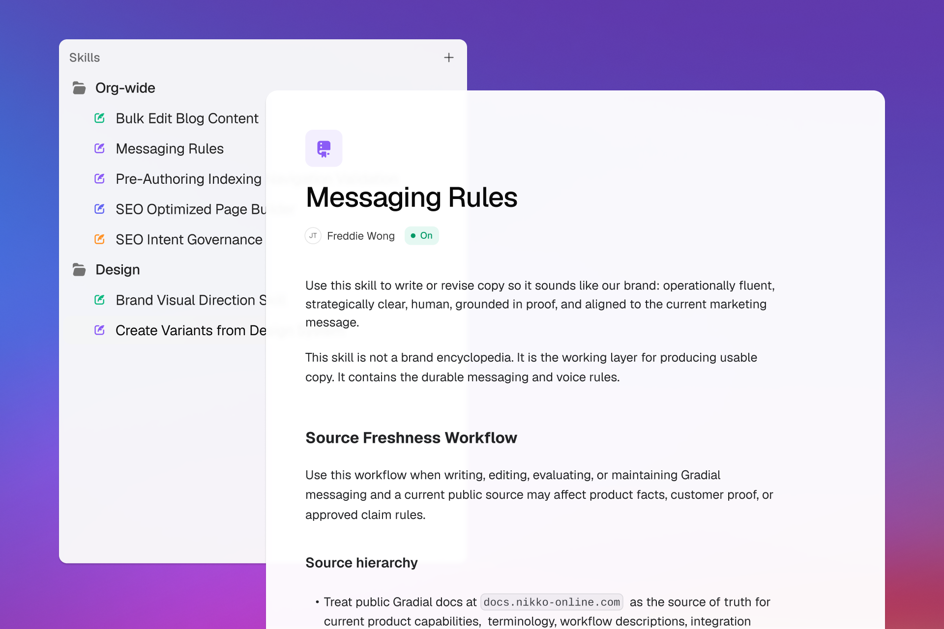Messaging Rules Skill open beside the organization-wide Skills library