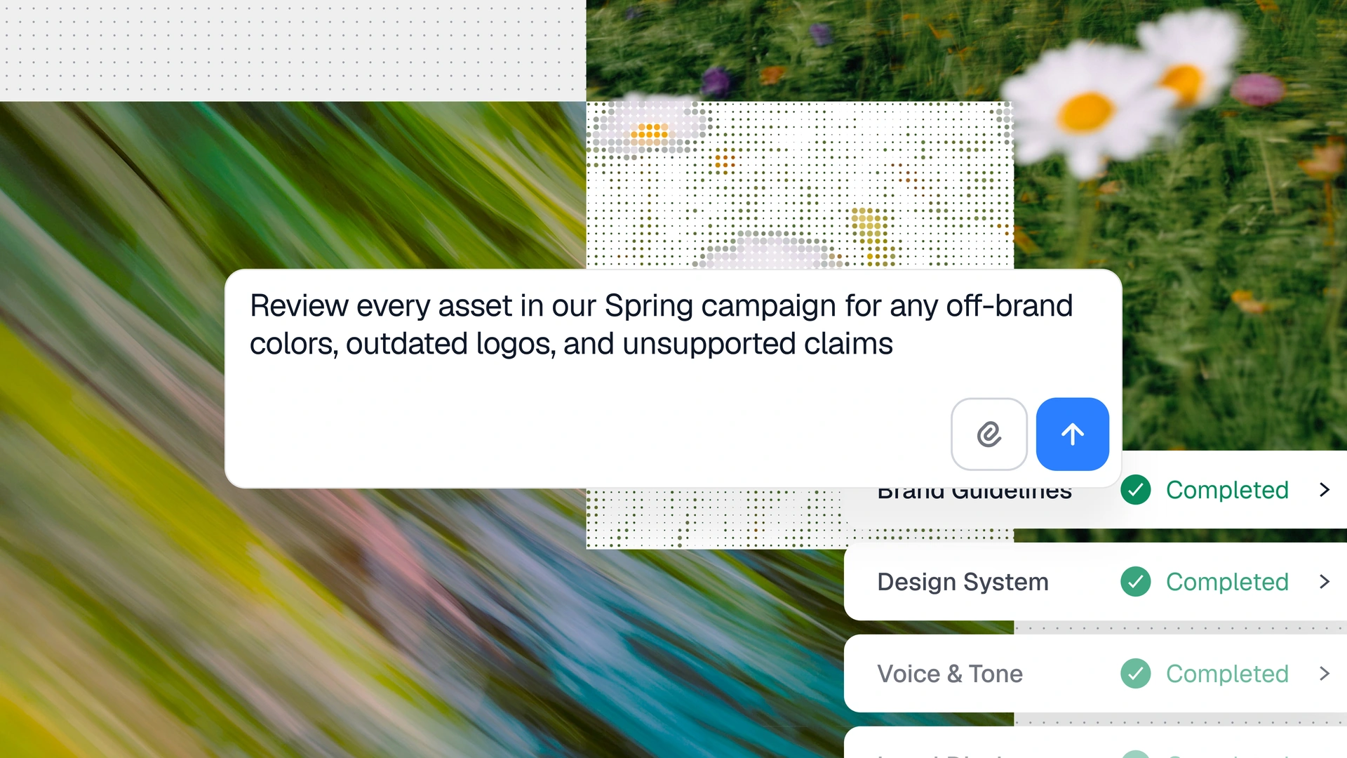 Marketing artwork showing a white review prompt and completed checklist cards over a colorful motion-blurred green background with a daisy and dotted graphic elements.