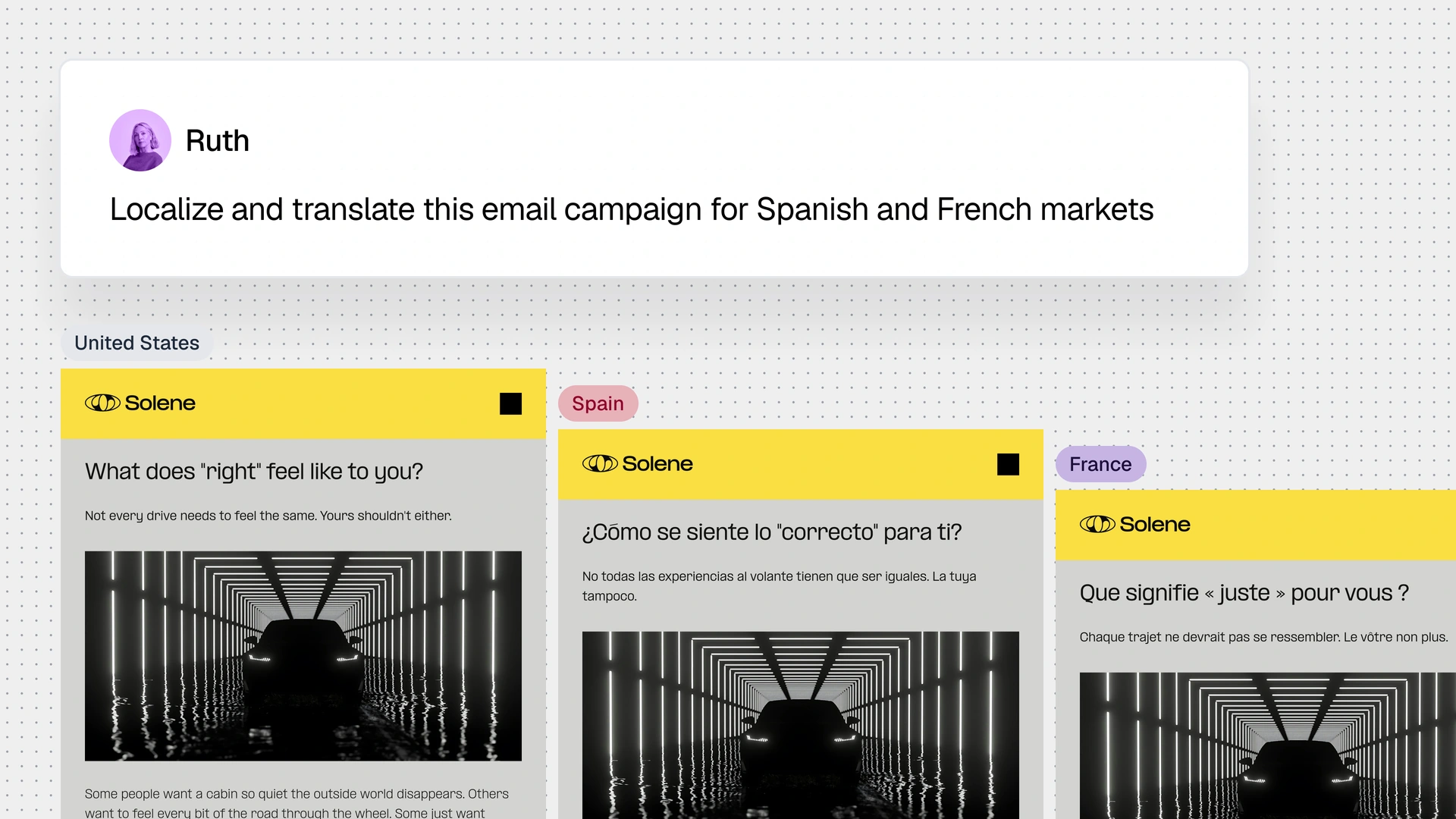 Illustrated email campaign showing a localization request and three Solene email mockups for the United States, Spain, and France, with yellow branding, multilingual text, and a dark tunnel image.