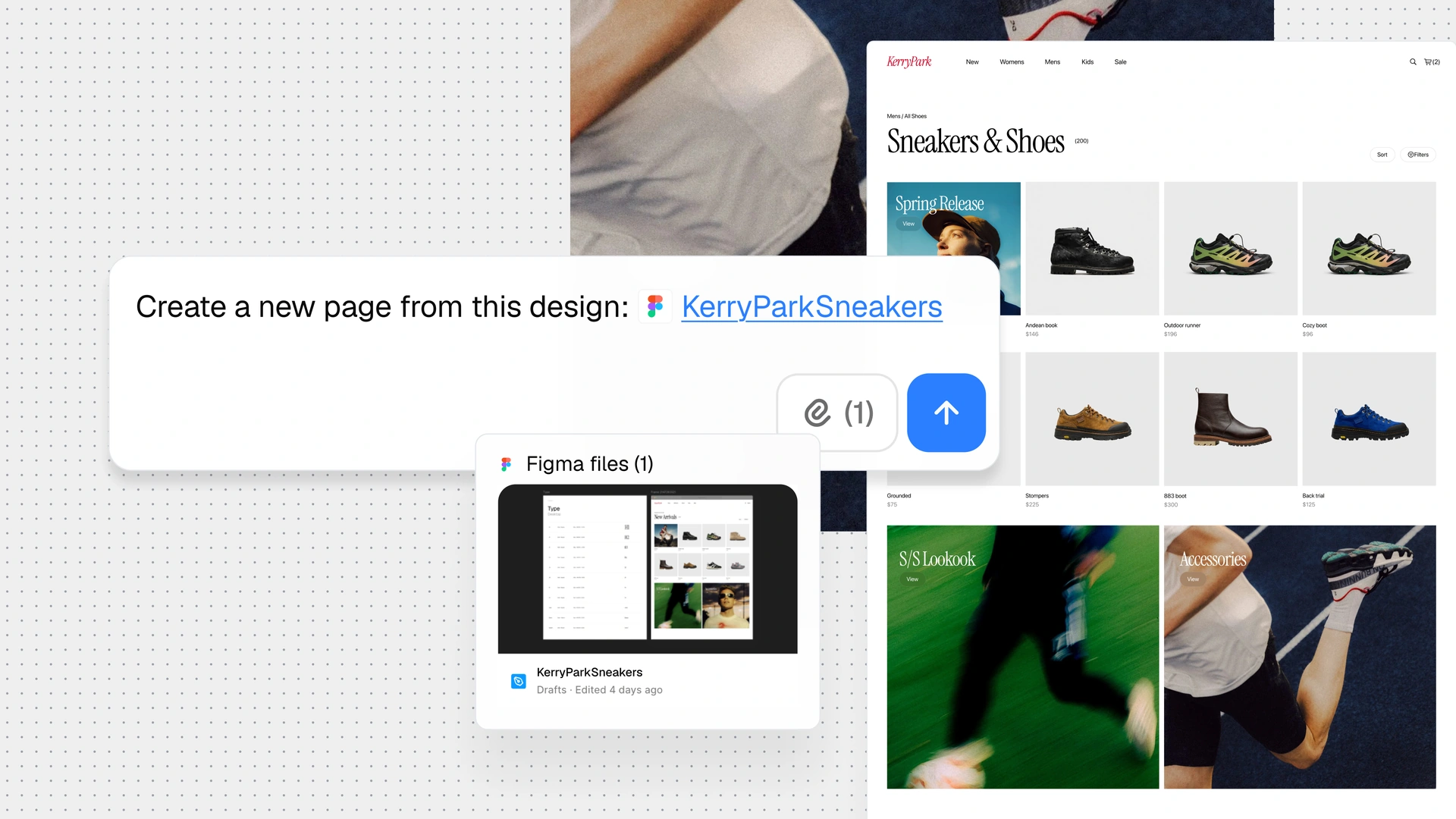 A design-to-page request with a Figma file and a sneaker product page preview