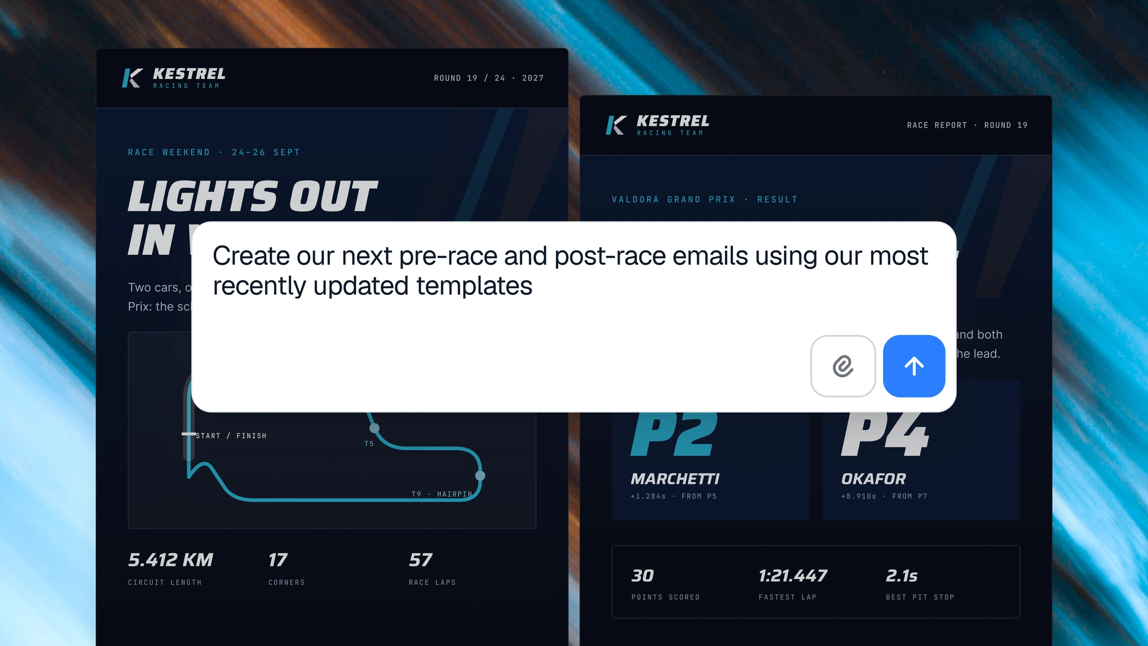 Racing-themed email lifecycle artwork showing two dark race-result cards behind a white email compose panel, with blue and teal accents and a dynamic streaked background.