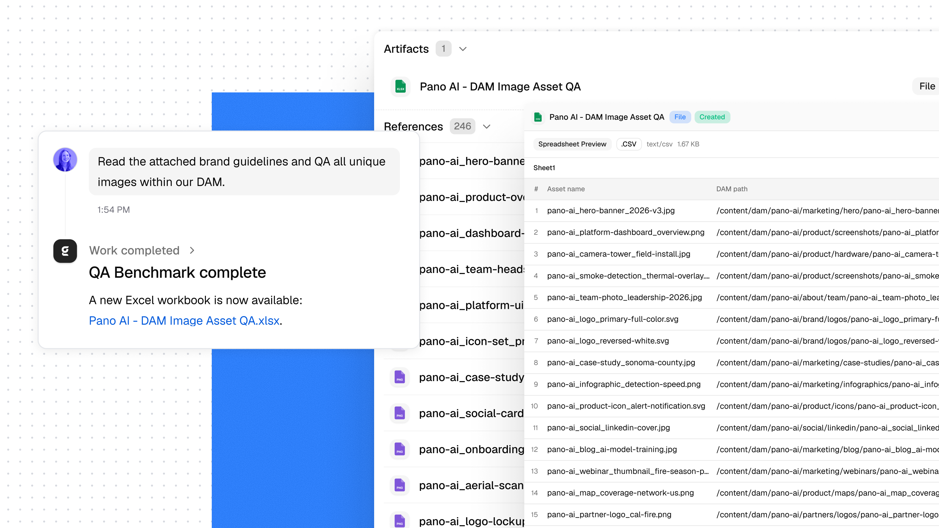 Gradial reviews assets across a DAM and returns structured findings with citations and remediation guidance.
