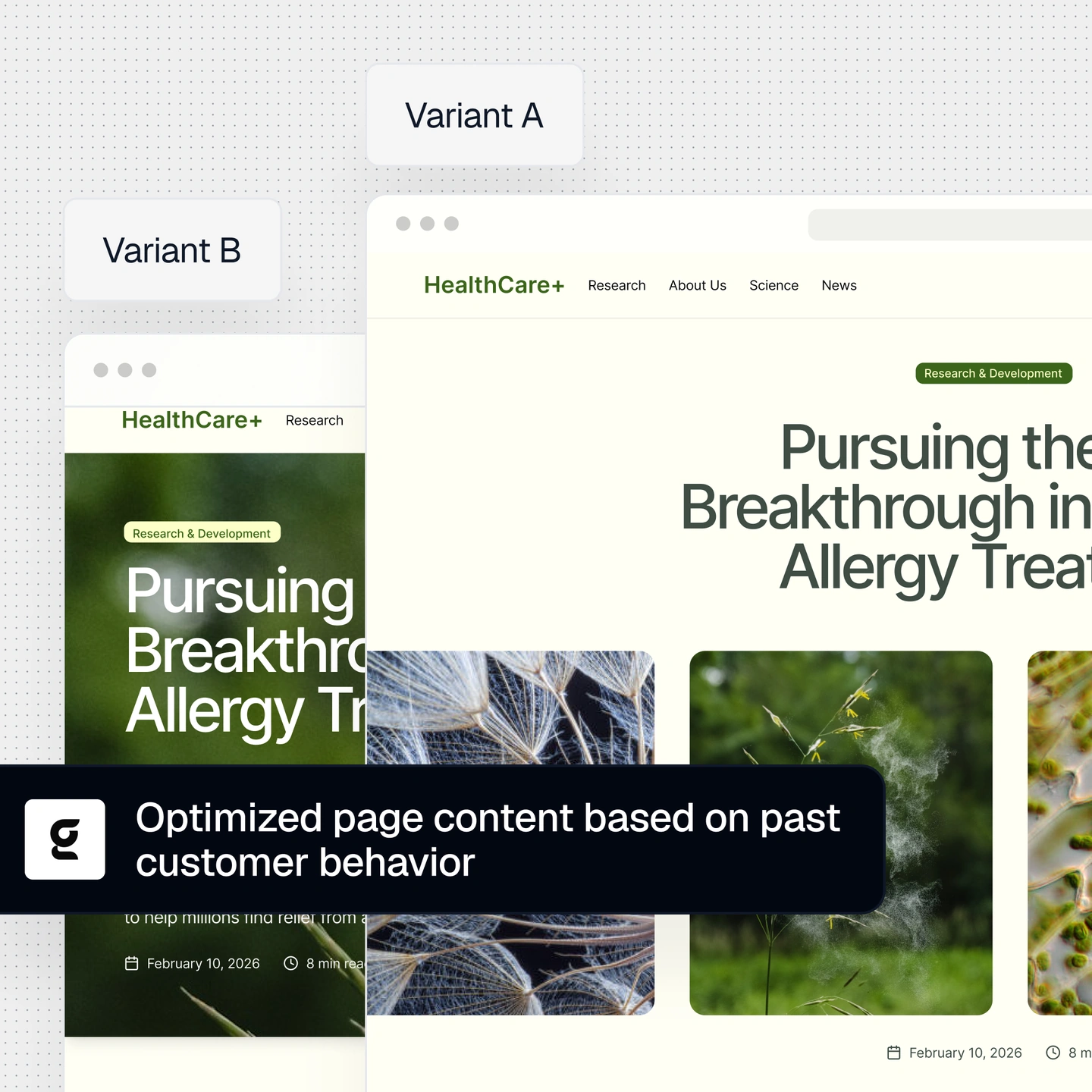 Two page variants illustrate content tailored to past customer behavior.
