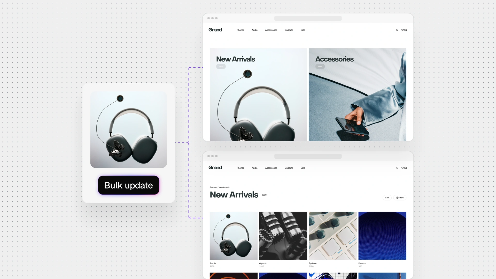 Stylized e-commerce website workflow mockup showing headphones, product grids, a bulk update button, and connected interface panels on a dotted background.