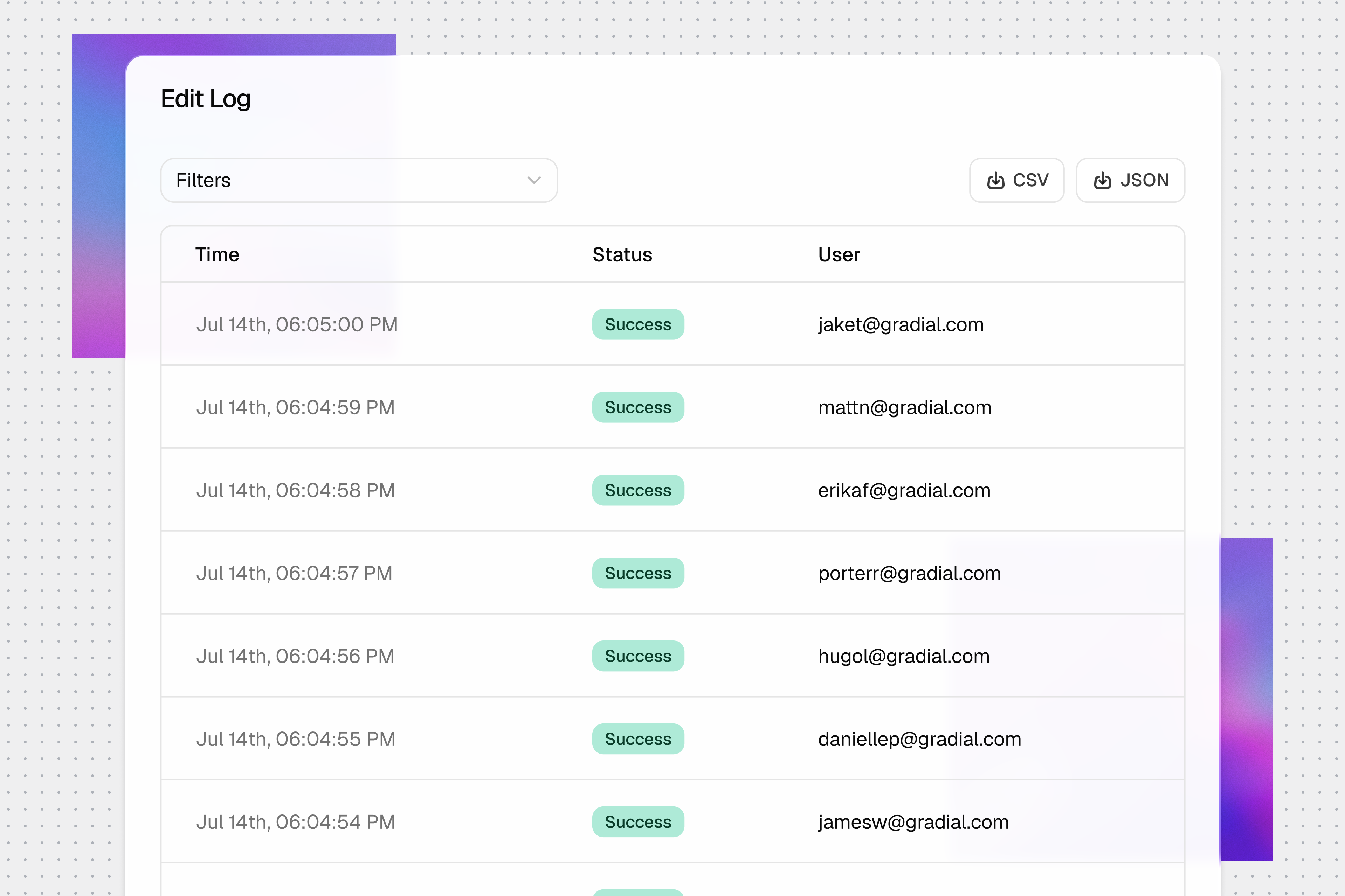 Gradial edit log showing successful actions, timestamps, users, and export controls