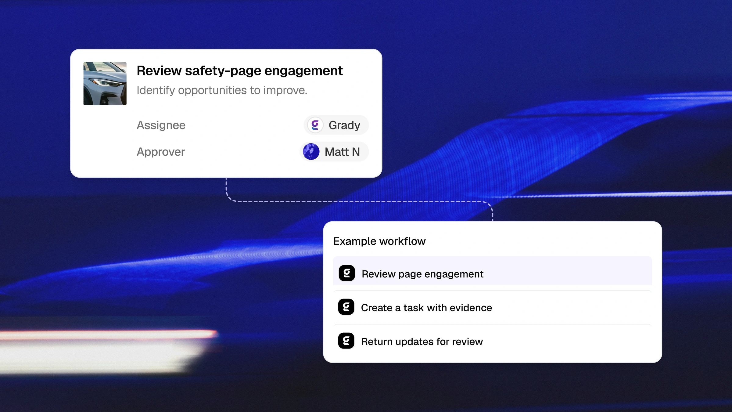 A page-engagement review connected to evidence-based updates and review tasks.