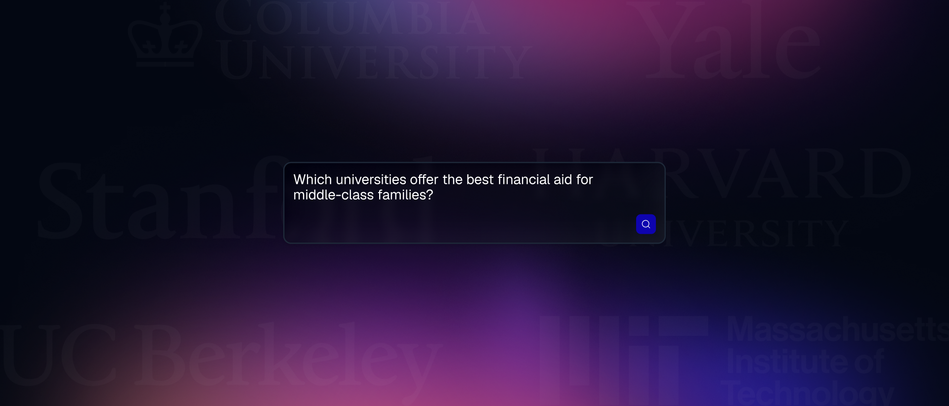 Search prompt asking which universities offer the best financial aid over a background of university names