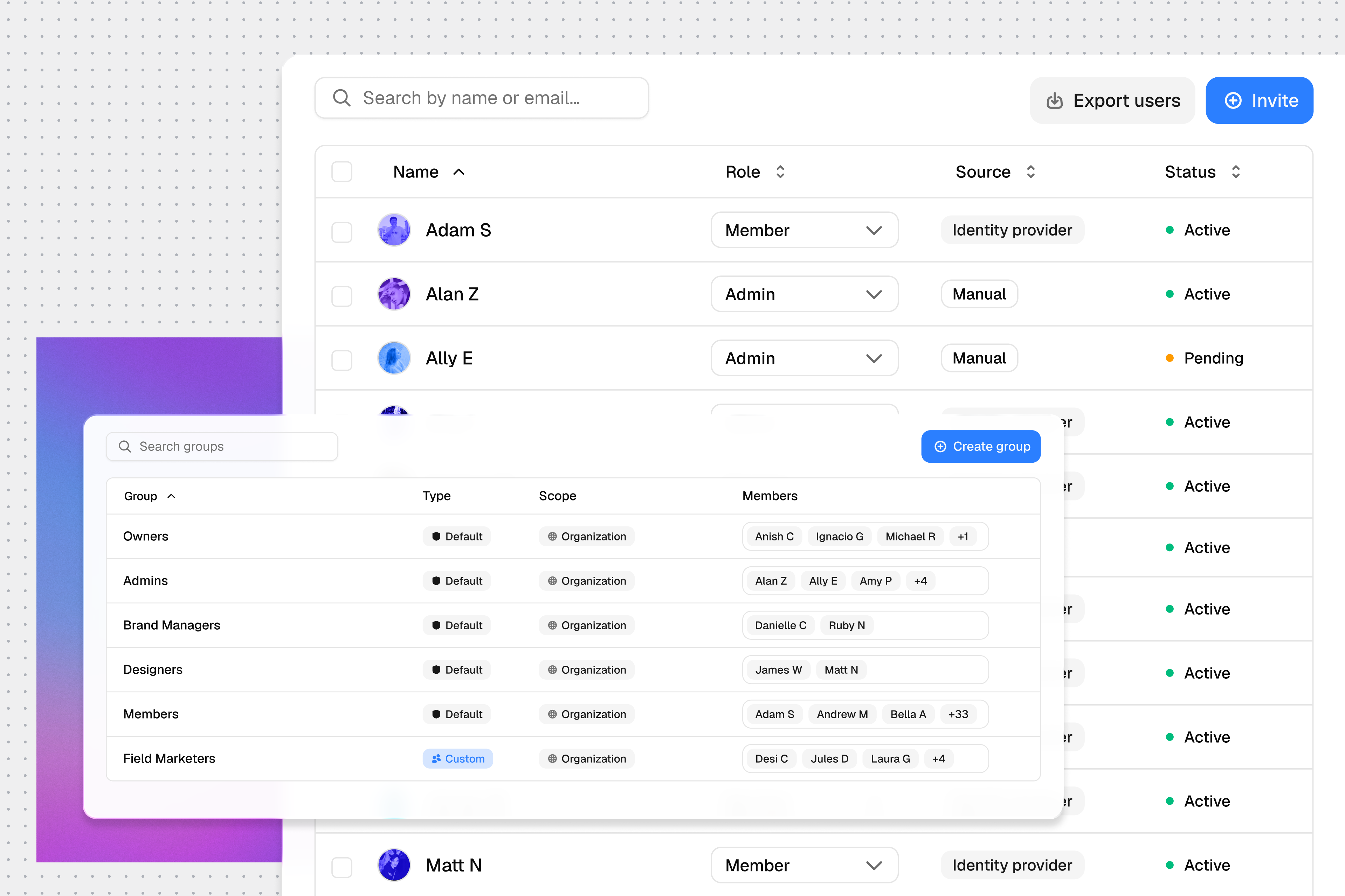 Gradial user and group management interface showing identity providers, roles, and permission controls