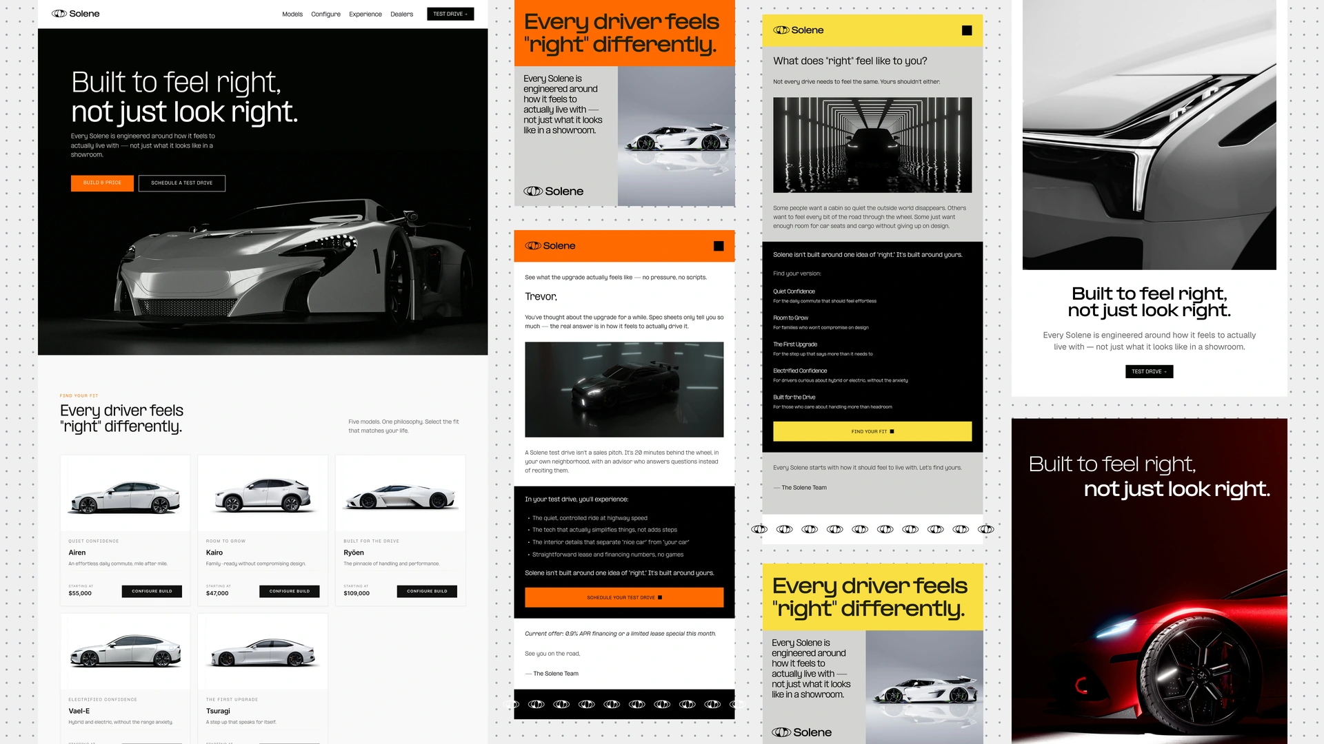 Collage of Solene automotive website artwork featuring luxury electric vehicles, dark hero imagery, product cards, and black, white, orange, and yellow promotional panels.