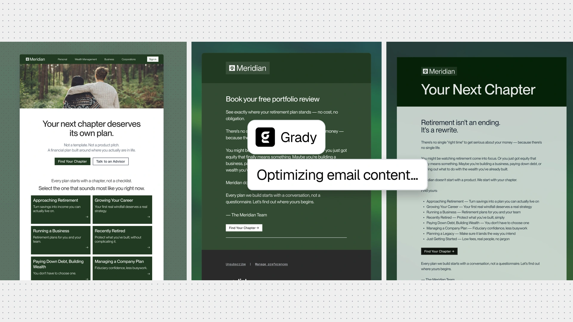 Marketing artwork showing retirement-planning email and webpage mockups with green branding and an overlay reading “Optimizing email content...”
