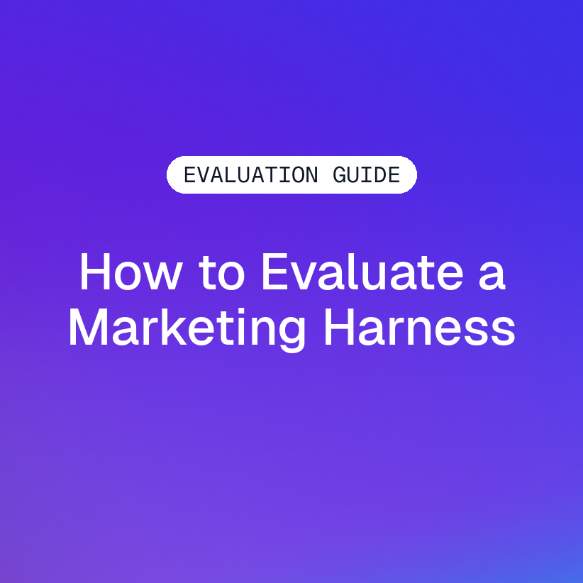 Marketing harness evaluation guide on a violet, purple, and blue gradient.